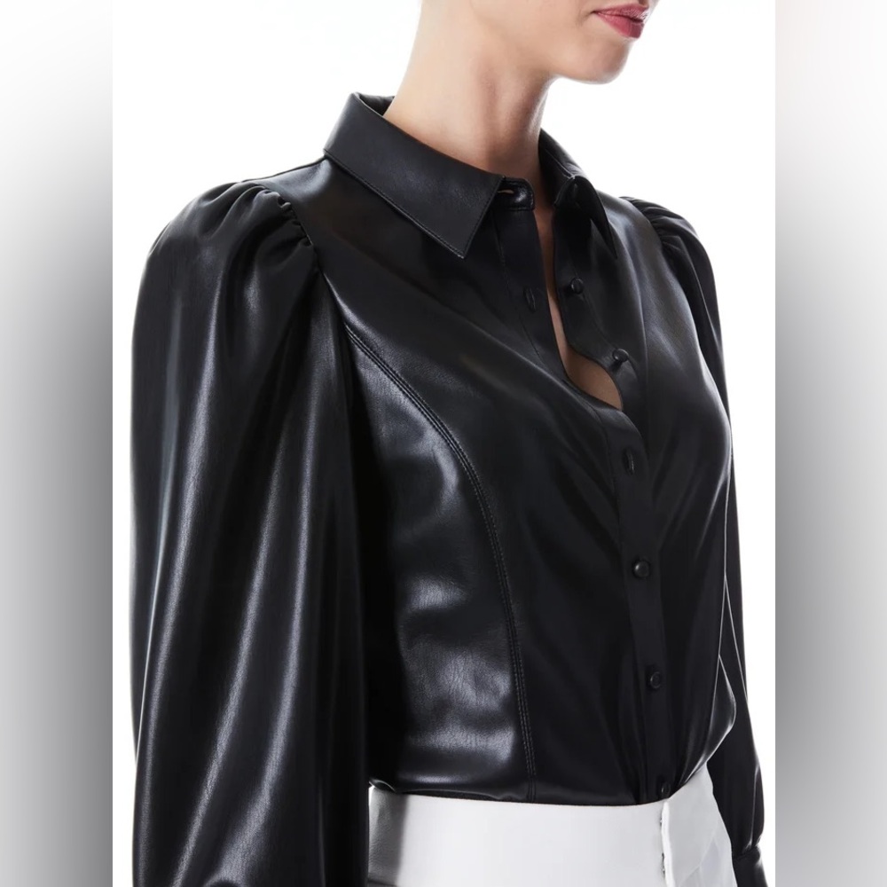 Alice+Olivia vegan leather puff sleeve blouse with a collar XS - Picture 2 of 7